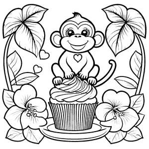Süßer Affe auf Cupcake Ausmalbild für kleine Naschkatzen