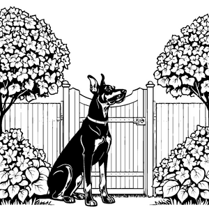 Aufmerksamer Dobermann am Gartentor Bastelmotiv für malfreudige Gartenfreunde