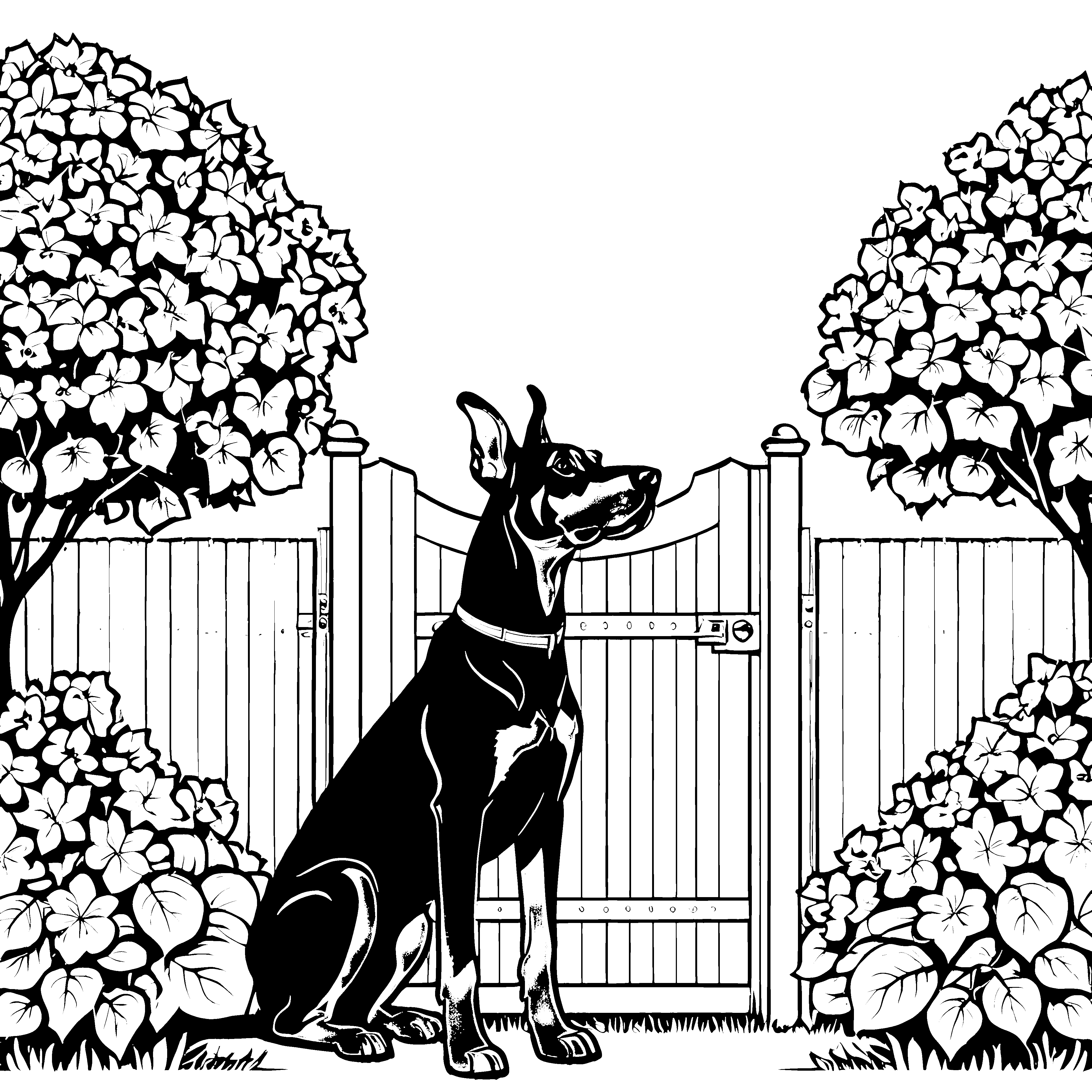Aufmerksamer Dobermann am Gartentor Bastelmotiv für malfreudige Gartenfreunde