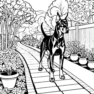 Wachsamer Dobermann auf gepflastertem Weg Bastelmotiv für mutige Gartenbesucher