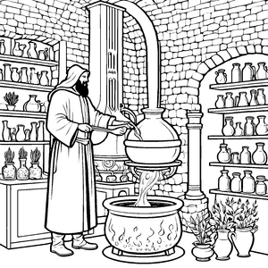 Geheimnisvoller Alchemist mit brennendem Kessel Malbild für mutige Zauberer