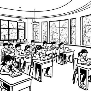 Lebendige Schulkinder an Schreibtischen Malbild für kleine Lernfreunde