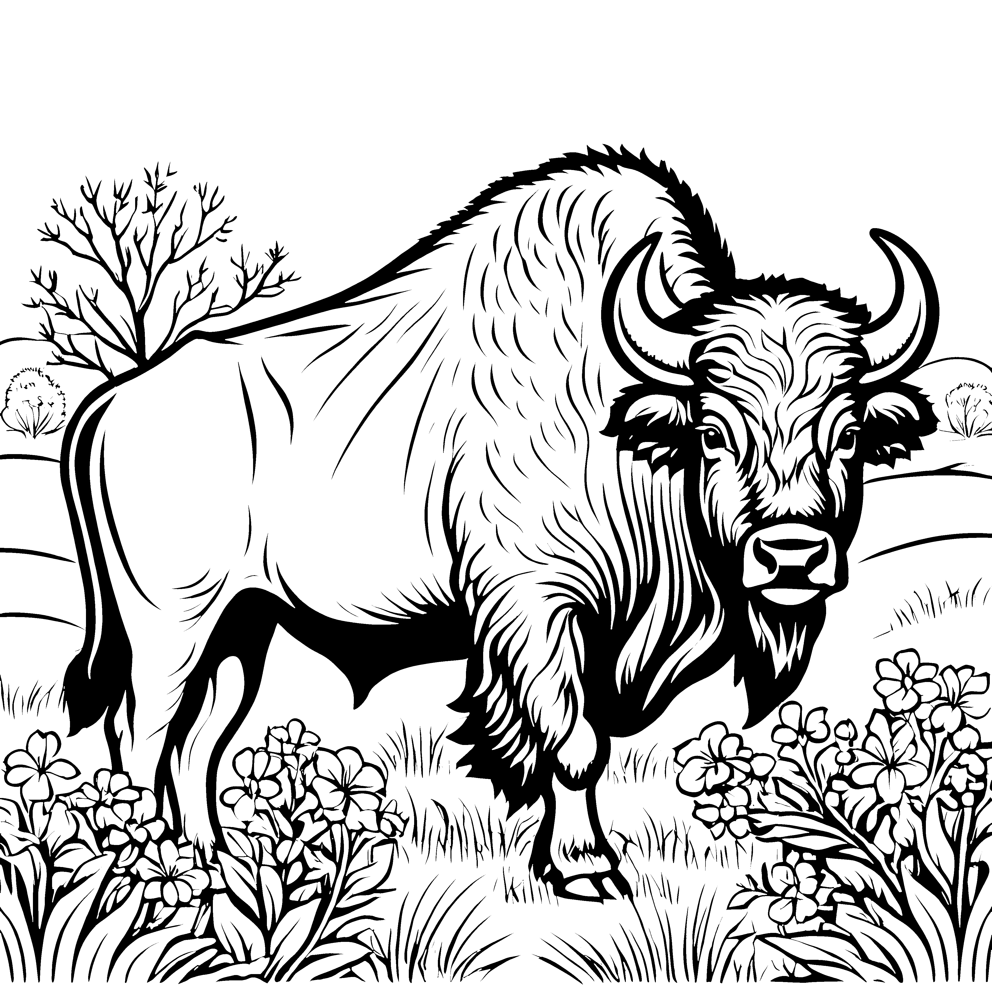 Imposanter Bison in Blumenwiese Ausmalbild für verträumte Naturkinder