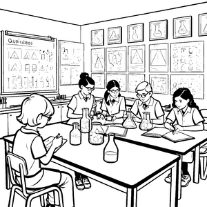 Fesselnde Schulkinder mit Laborgefäßen Malbild für fröhliche Chemieforscher