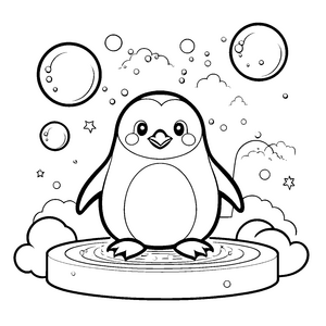 Verspielter Kawaii-Pinguin mit Seifenblasen Ausmalvorlage für kreative Wolkenträumer