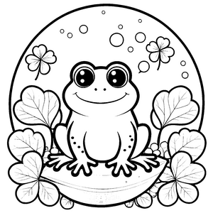 Herzlicher Kawaii-Frosch auf Stein mit Kleeblättern Bastelvorlage für neugierige Naturfreunde