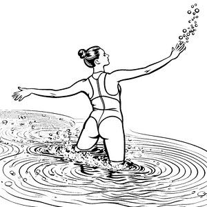 Freudige Schwimmerin mit Wellen Ausmalvorlage für neugierige Wasserritter