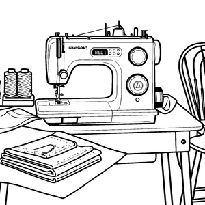 Detailreiche Nähmaschine mit Stoffstapeln Ausmalbild für Nähteidenschafte