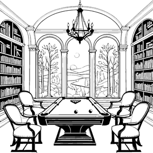 Edler Billardtisch in der Bibliothek Ausmalvorlage für verträumte Lesefreunde
