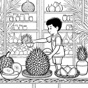Neugieriger Junge bei stacheliger Durian Ausmalvorlage für fröhliche Marktbesucher