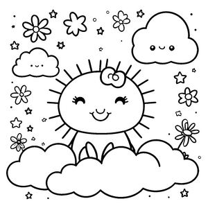 Herzliche Kawaii-Sonne mit Blumen Bastelvorlage für verträumte Blumenkinder