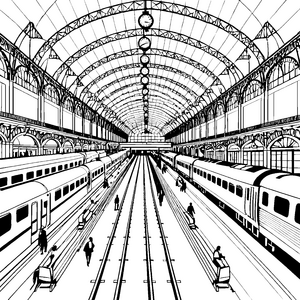 Beeindruckender Bahnhof mit Glasdach und Zügen Bastelmotiv für malfreudige Reisepioniere