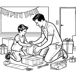 Rührender Vater-Sohn-Moment mit Geschenken Ausmalbild für fröhliche Familienfreunde