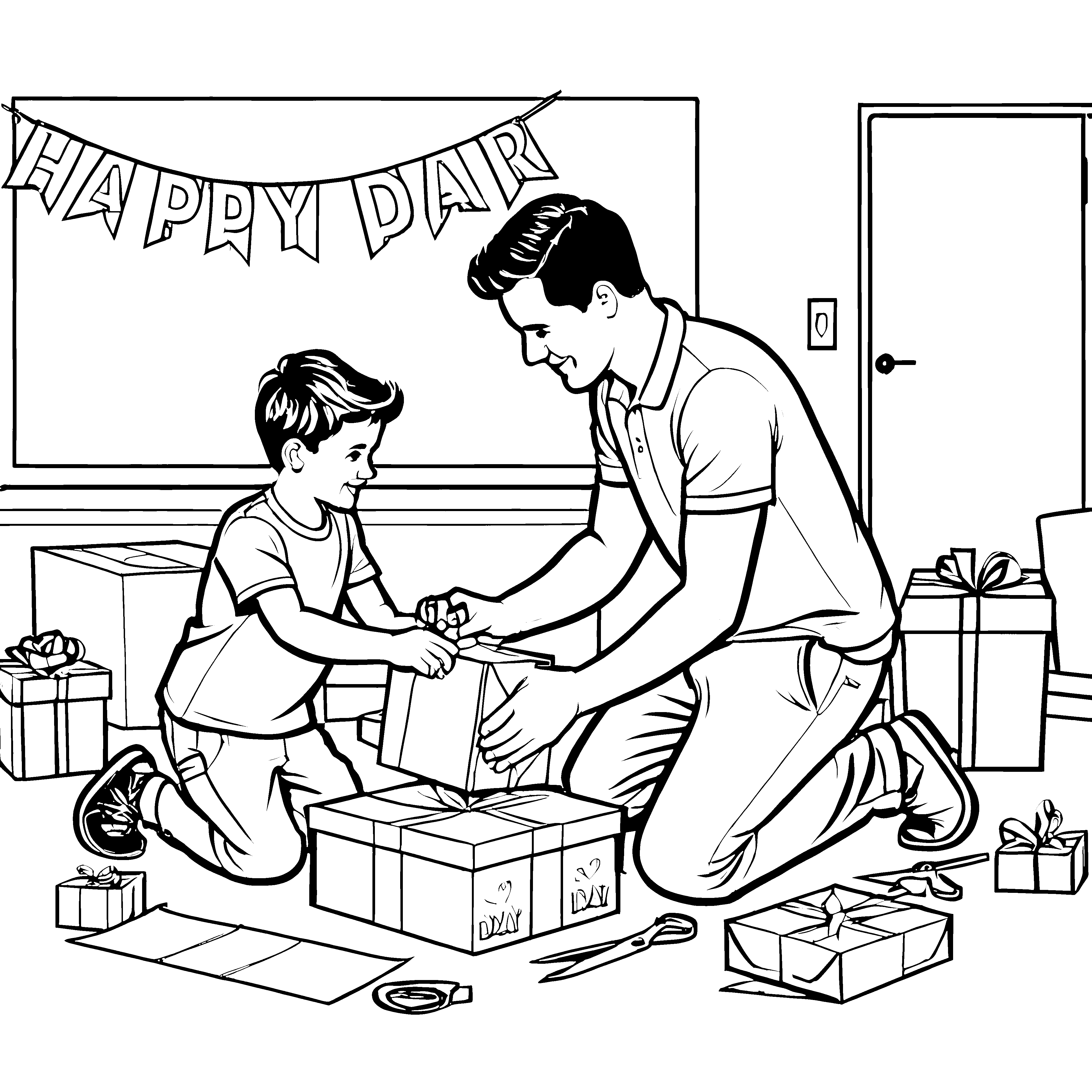 Rührender Vater-Sohn-Moment mit Geschenken Ausmalbild für fröhliche Familienfreunde