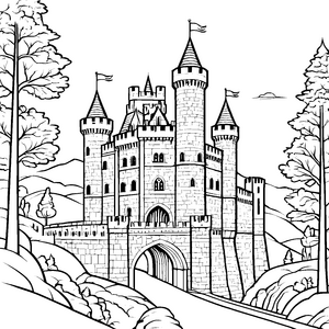 Majestätische Ritterburg mit Zinnen Ausmalbild für kleine Festungsbauer