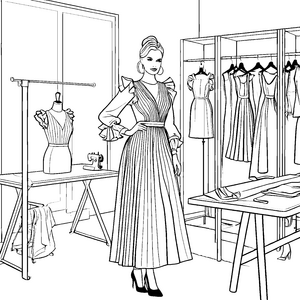 Elegante Frau im gestreiften Kleid Ausmalbild für fröhliche Schneiderkinder