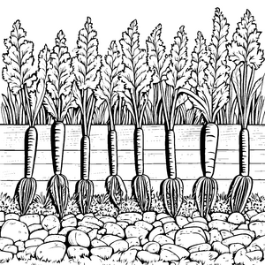 Reihe grüner Karotten hinter Holzabgrenzung Malbild für fröhliche Gartenfreunde