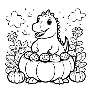 Niedlicher Kawaii Dinosaurier in Kürbisschale Malvorlage für Herbstfreunde