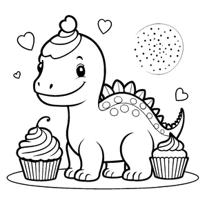 Herzlicher Kawaii Dinosaurier mit Cupcake Malbild für fröhliche Naschfreunde