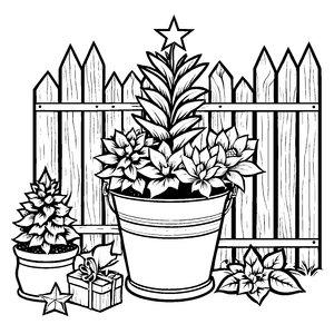 Winterliche Weihnachtssterne mit Tannenbaum Malbild für Gartenkinder