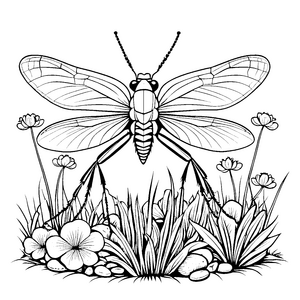 Detailreiche Heuschrecke bei Blumen Bastelvorlage für malfreudige Wiesenbewohner