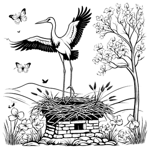 Imposanter Storch mit Schmetterlingen Ausmalbild für kleine Naturfreunde