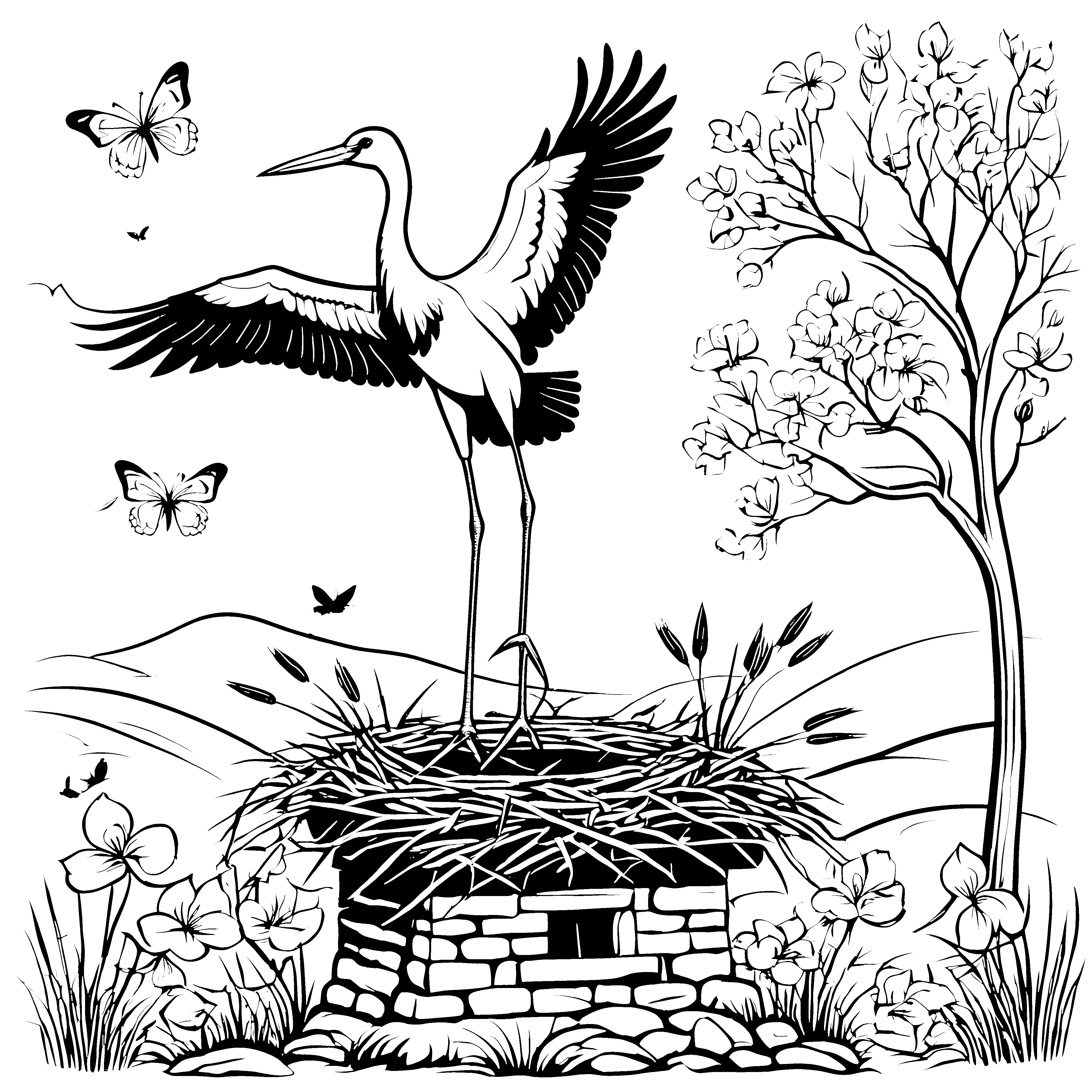 Imposanter Storch mit Schmetterlingen Ausmalbild für kleine Naturfreunde