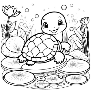 Herzliche Kawaii-Schildkröte auf Seerosenblatt Ausmalbild für kleine Wasserfreunde