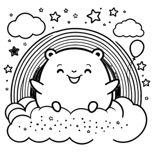 Heiteres Kawaii-Tierchen auf Wolke mit Regenbogen Bastelvorlage für neugierige Himmelsfreunde