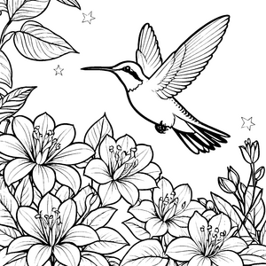 Flinker Kolibri bei großen Blüten Malbild für kleine Blütenzauberer