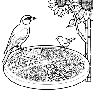 Fröhliche Wellensittiche am Futterhaus Bastelvorlage für mutige Sonnenblumenfreunde