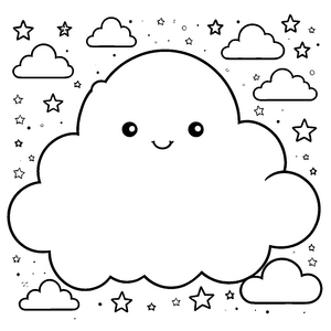 Strahlenfrohe Kawaii-Wolke mit Sternen Malbild für kleine Wolkenfreunde