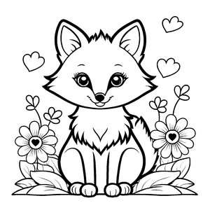 Bezaubernder Kawaii-Fuchs mit Herzen und Blumen Malbild für kleine Naturfreunde
