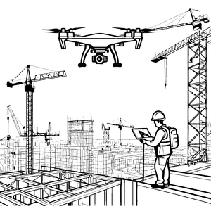 Moderne Drohne über Hochhausbaustelle Bastelvorlage für neugierige Architekturfans