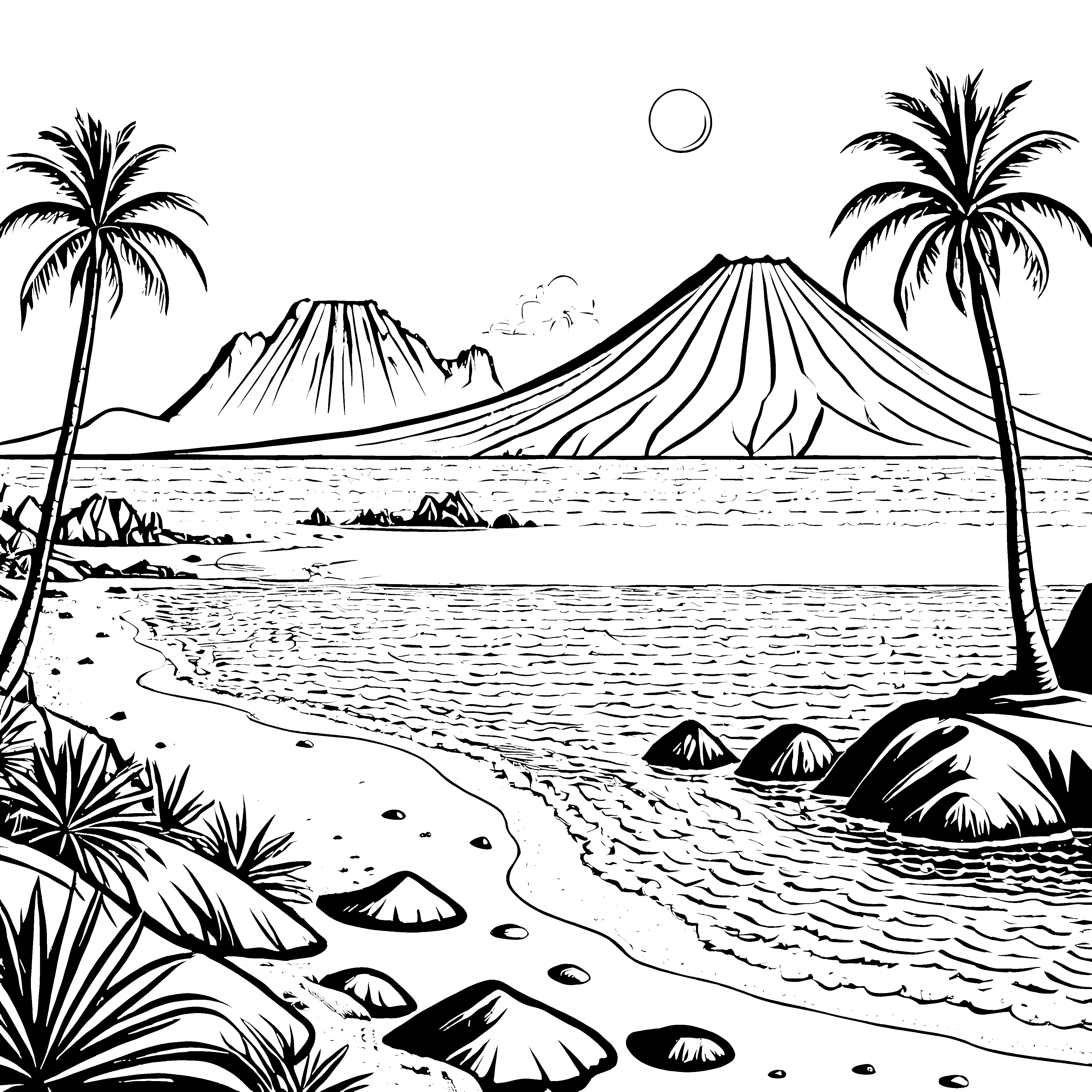 Exotische Inseln mit Vulkanen Ausmalvorlage für verträumte Palmenliebhaber