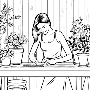 Ruhige Frau mit Mittelscheitel und Rosen Bastelvorlage für kleine Gartenfreunde