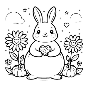 Ruhiger Kawaii-Hase mit Herz und Kürbissen Bastelmotiv für neugierige Pflanzenfreunde