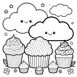 Niedliche Kawaii-Wolken mit Cupcakes Malbild für fröhliche Gebäckfreunde