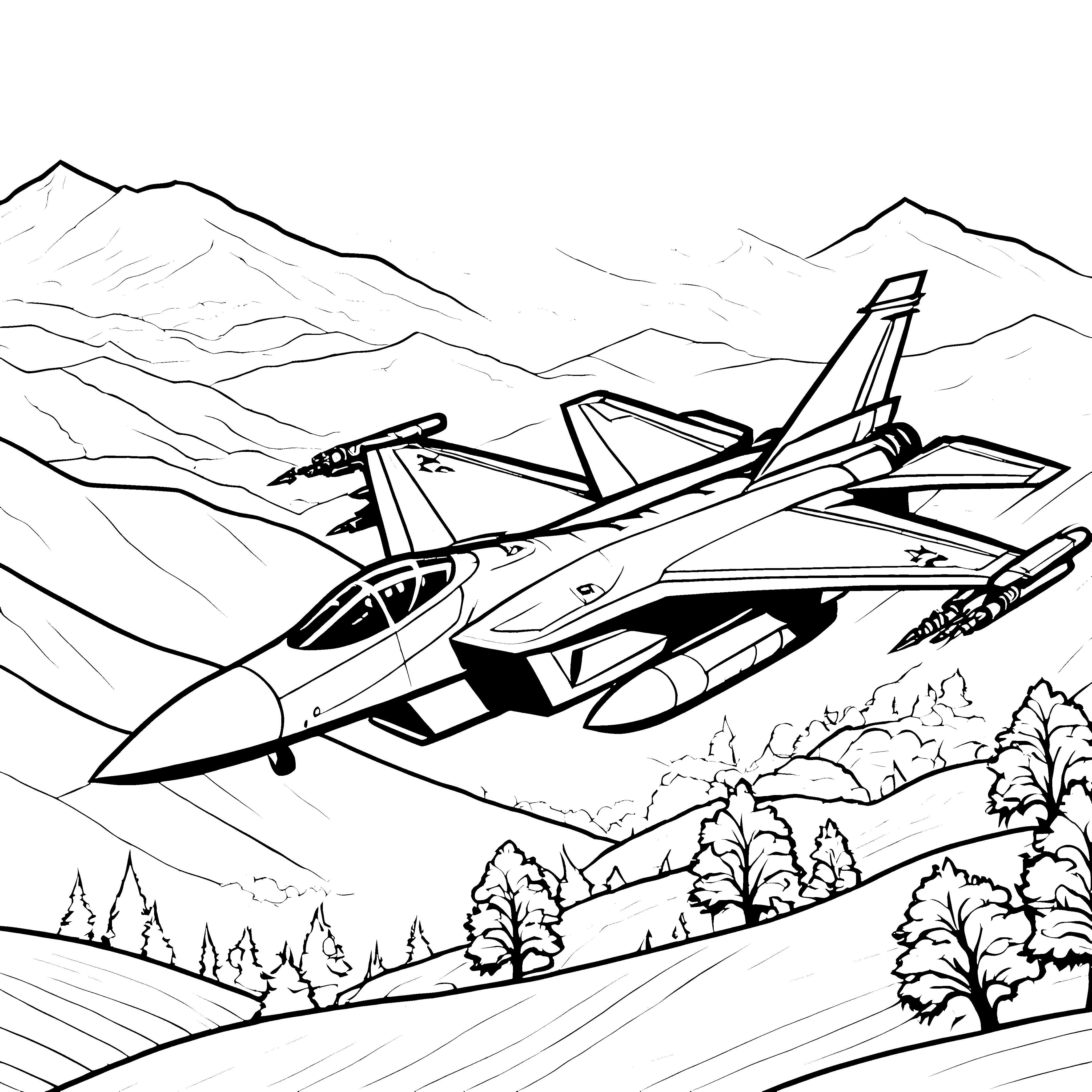 Kraftvoller Kampfjet über Gebirgen Malvorlage für mutige Gebirgsflieger