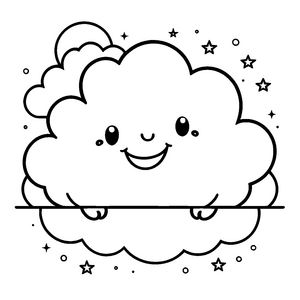 Verspielte Kawaii-Wolke mit Sternen Malvorlage für kleine Weltraumreisende
