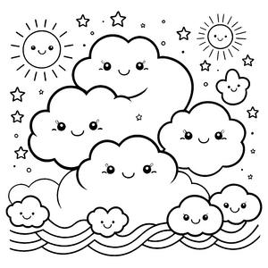 Heiteres Kawaii-Wolken-Wunderland mit Sonnenstrahlen Ausmalbild für kleine Himmelsträumer