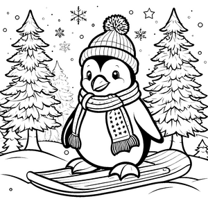 Verspielter Pinguin auf Snowboard Malbild für kleine Schneefans