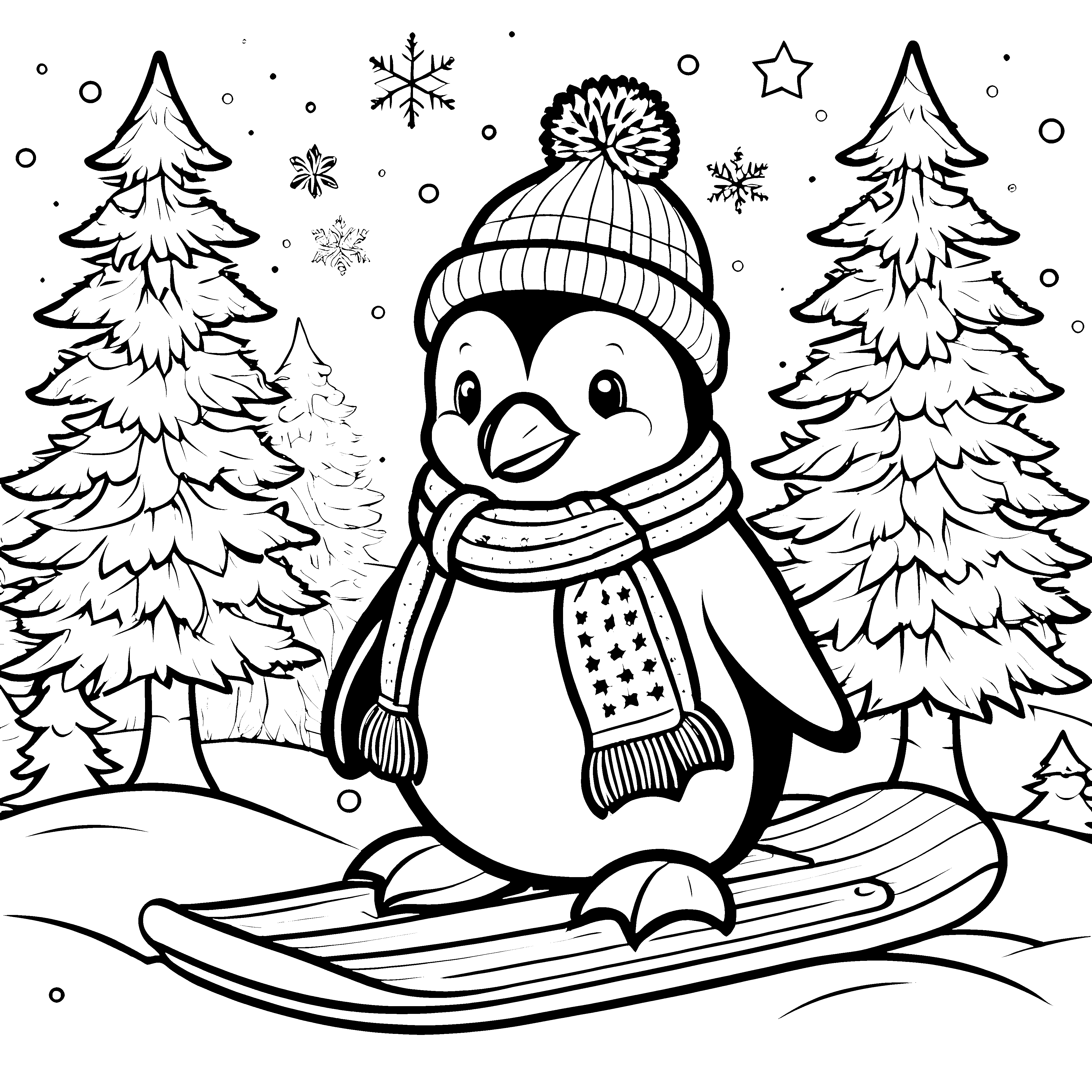 Verspielter Pinguin auf Snowboard Malbild für kleine Schneefans