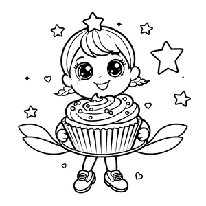 Herzliches Kawaii-Mädchen mit Cupcake Malbild für mutige Gebäckfans