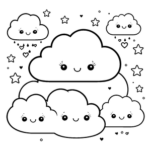 Fröhliche Kawaii Wolken mit Sternen Ausmalvorlage für neugierige Himmelsträumer