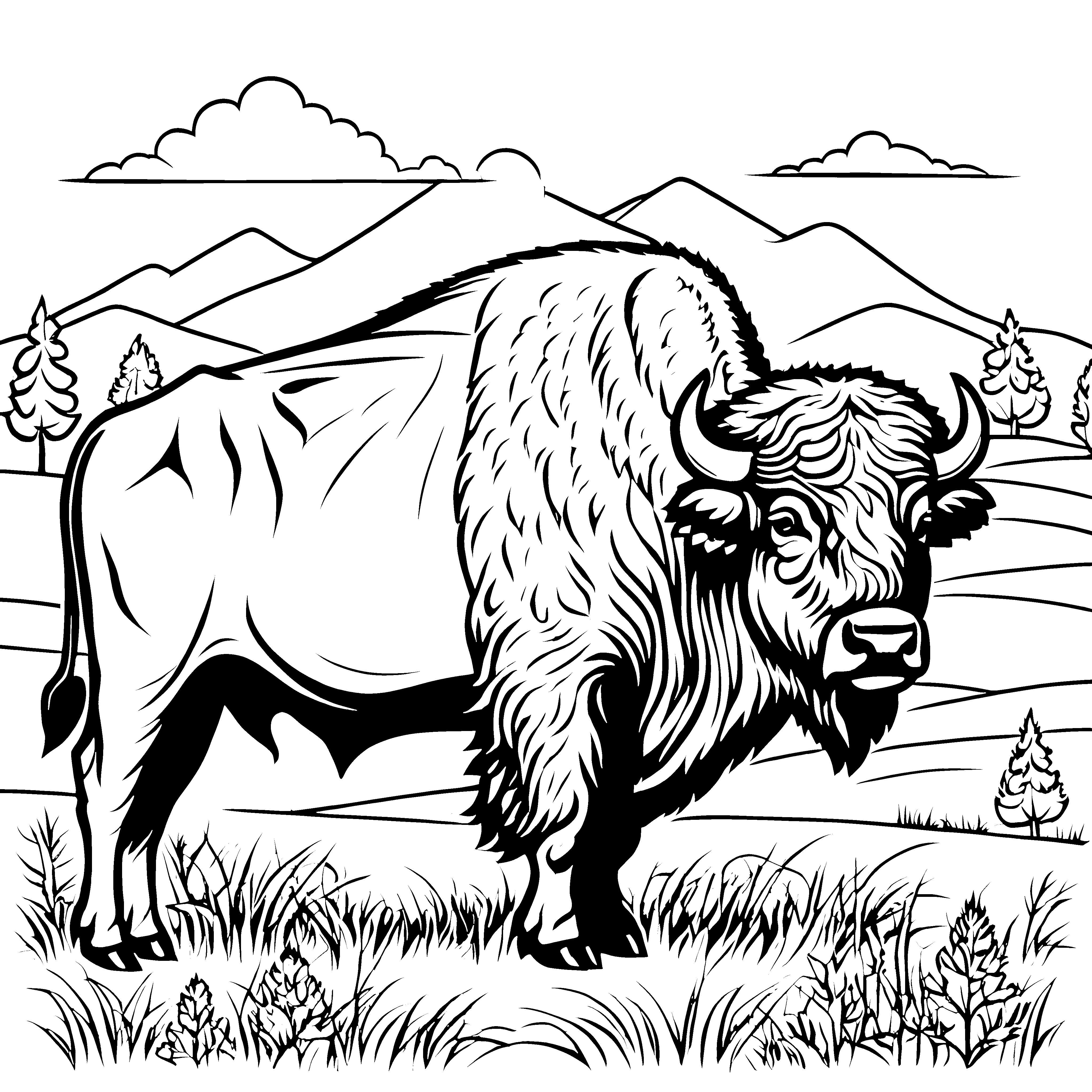 Imposanter Bison in den Bergen Ausmalbild für verträumte Bergkinder