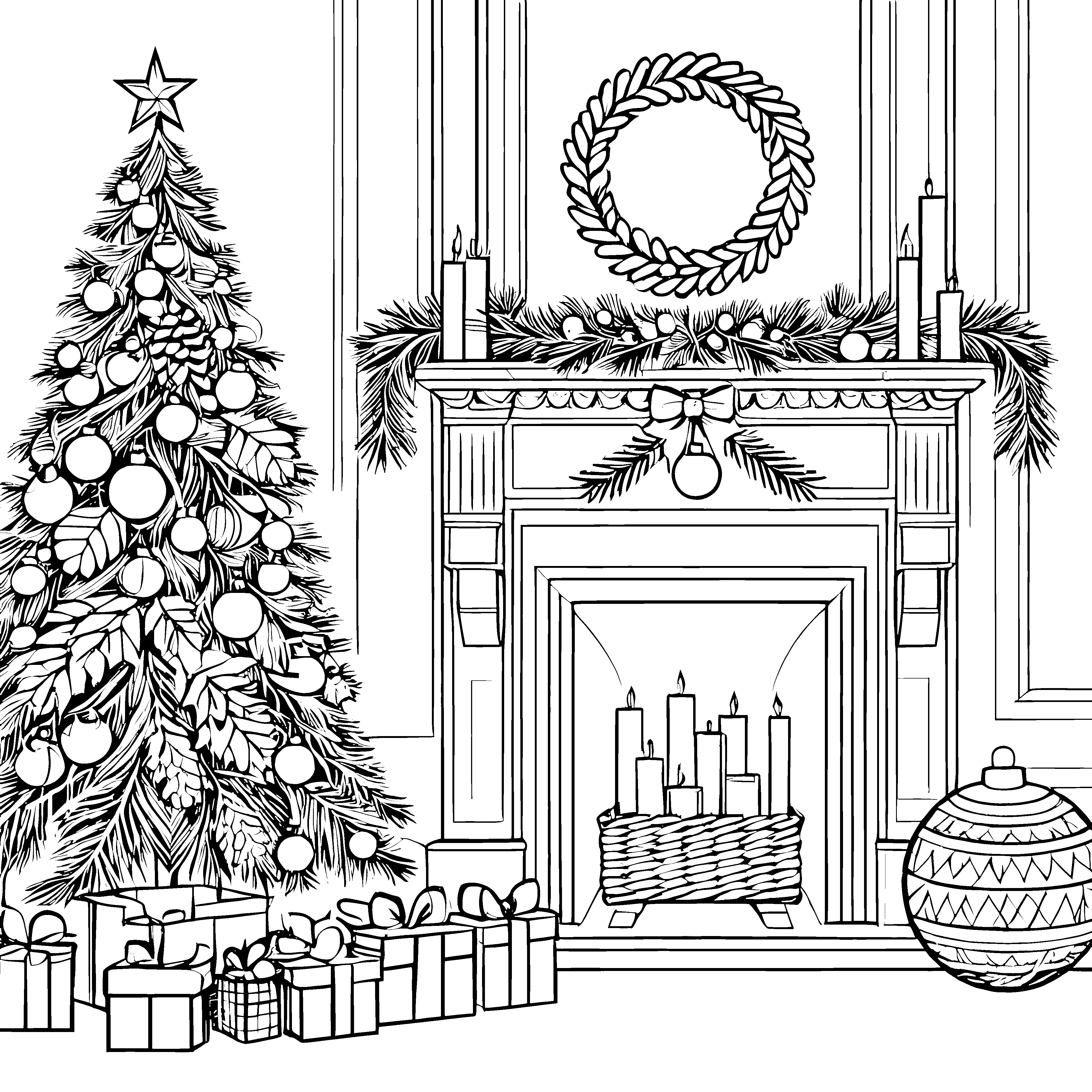 Festliche Weihnachtsdekoration mit Kranz Malbild für malfreudige Festtagszauberer