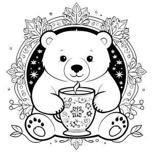 Gemütlicher Kawaii Eisbär mit Tasse Ausmalbild für neugierige Winterfreunde