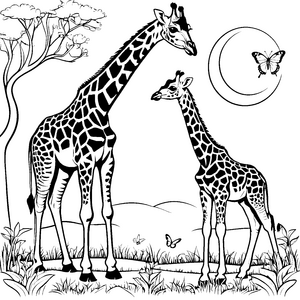 Heimelige Giraffenjungtiere unter dem Mond Bastelvorlage für junge Nachtfreunde