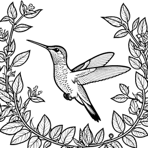 Eleganter Kolibri in Blätterkranz Ausmalbild für mutige Naturbegeisterte